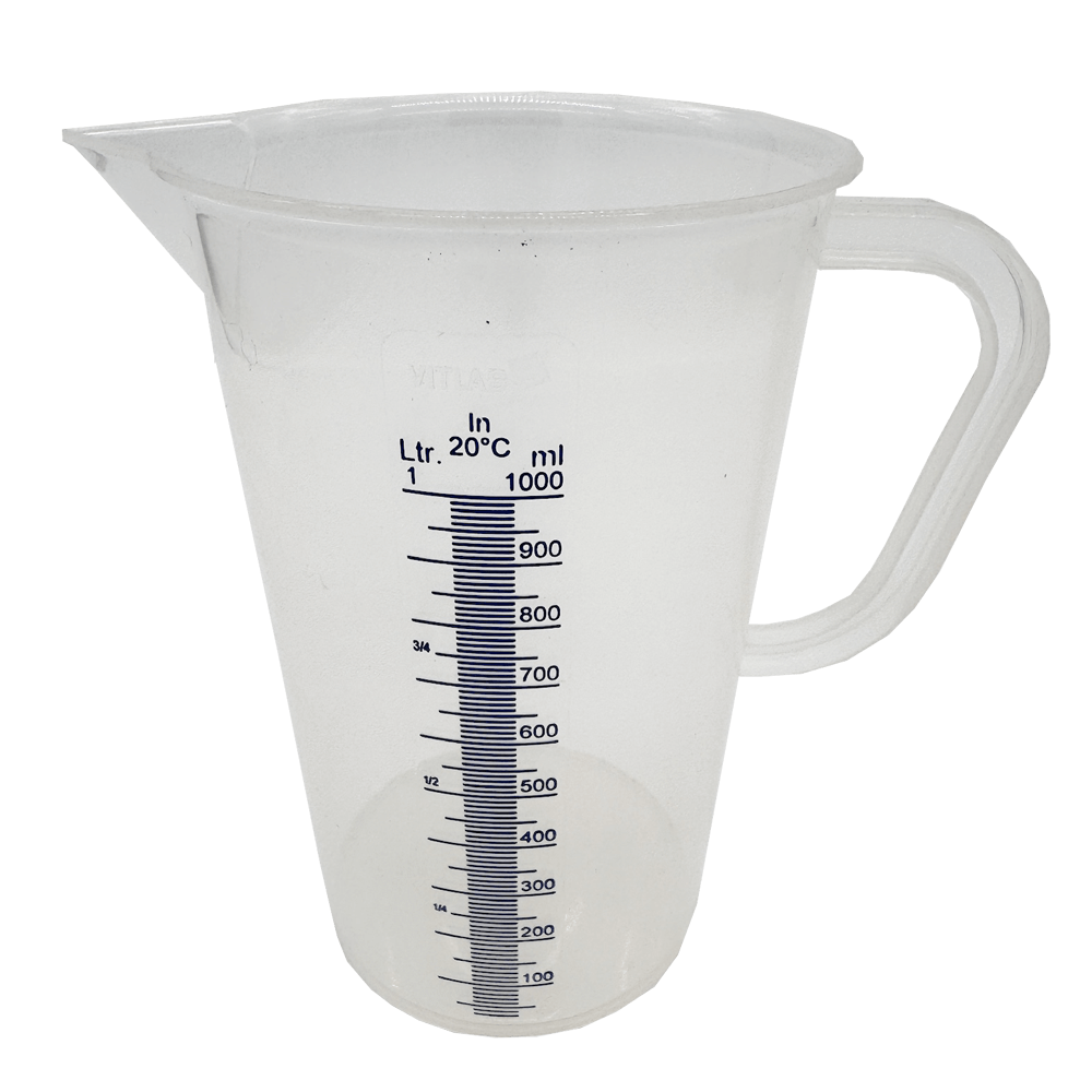 Transparenter Messbecher aus PP mit 1000ml Skala.