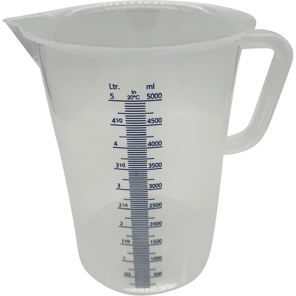 Transparenter Messbecher aus PP mit 5000ml Skala.