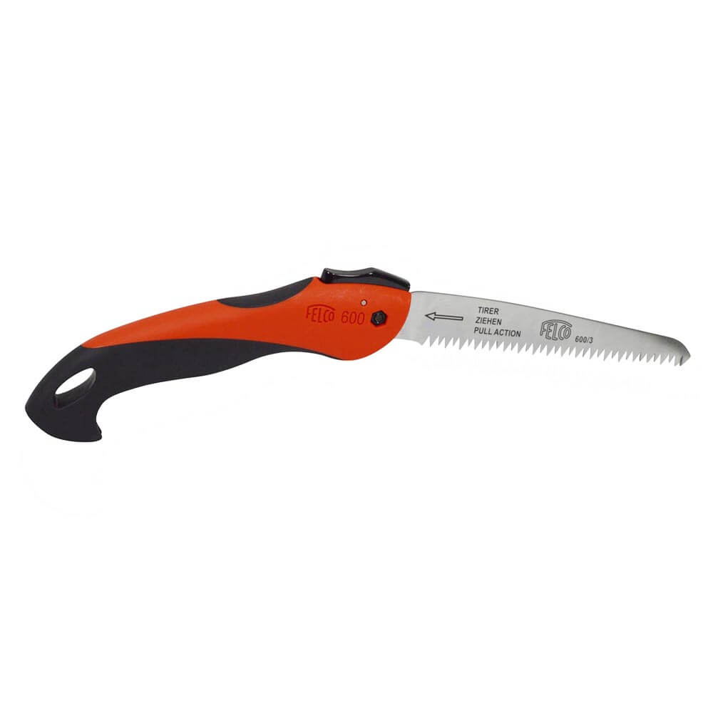 Felco Klappsäge 600 aus Chromstahl für Weinbau und Garten, aufgeklappt.
